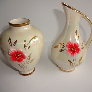 Set of 2 Vintage Hand Painted Pearl Lusterware Vase & Pitcher Handgemalt Ges Gesch Flowers Rhinestones Gold Tone