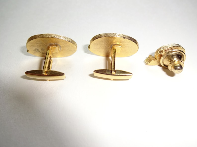 3 Pc Vintage Mens Cufflinks Cuff Links /& Tie Pin Gold Tone Brown Unmarked Set