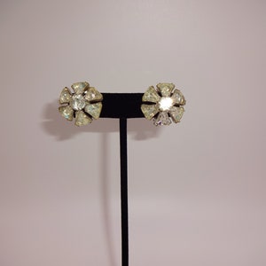 Vintage Eisenberg Silver Tone & Rhinestones Flowers Clip On Earrings Marked