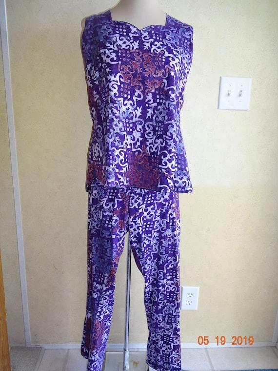 2 Piece Vintage Purple White Batik Pants Top 1980… - image 1