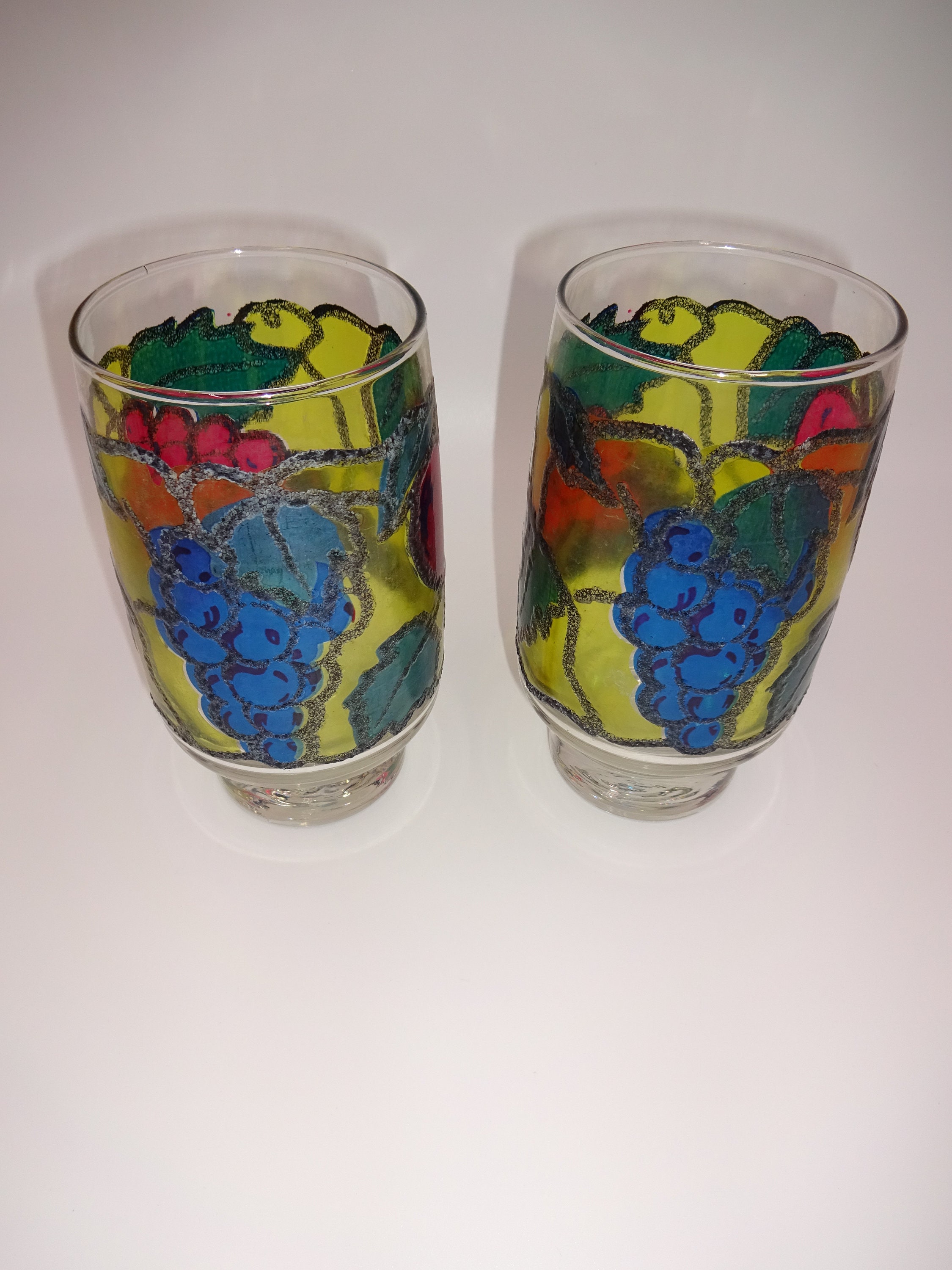Set of 2 Vintage Libbey Stained Glass Drinking Glasses Fruit Design 16 oz