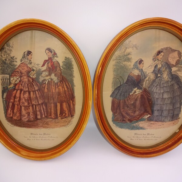 Set 2 Vintage Miroir des Modes Oval Framed Prints Paris France French Victorian Women Ladies