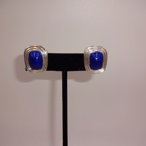 Vintage Christian Dior Silver Tone & Blue Clip On Earrings Marked