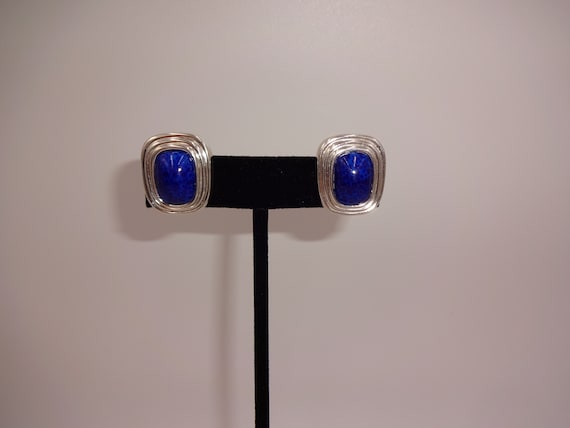 Vintage Christian Dior Silver Tone & Blue Clip On… - image 1