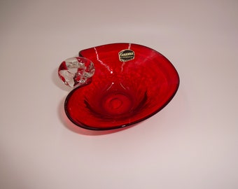 Piatto per caramelle in vetro realizzato a mano in vetro rosso Kanawha vintage, manico trasparente