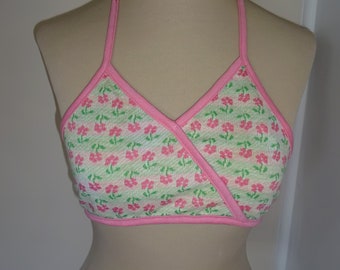 Vintage 1970s A.H. Schrieber Swimsuit Swim Top Halter 12 XS S Flowers Floral USA