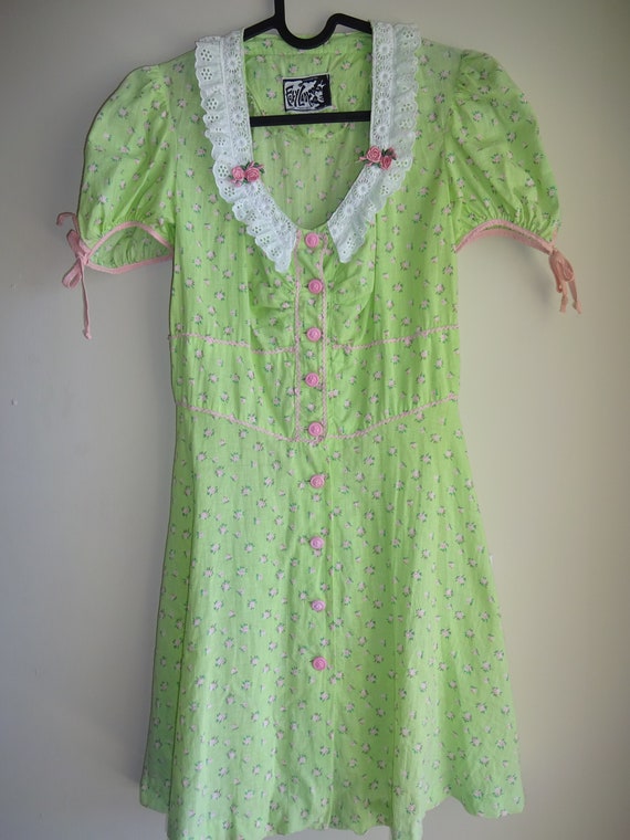 Vintage 1970s Green Foxy Lady Dress XXS XS Pink Fl