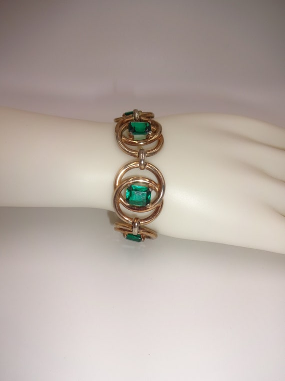 Vintage REJA Emerald Green Rhinestones and Gold T… - image 2
