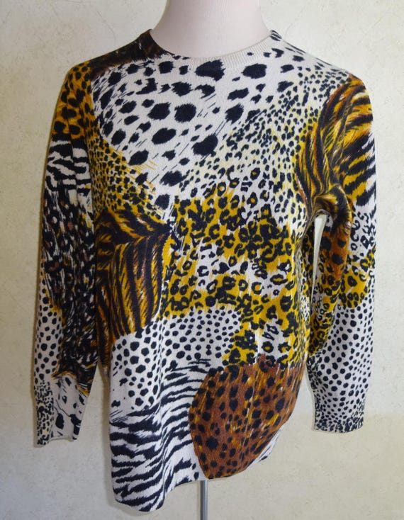 Vintage Wool Sweater Bloomingdales Womens Small Animal Print Leopard Cheetah Feathers Hong Kong