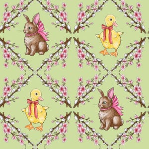 Easter Seamless Pattern – Bunny & Duck | Spring Floral Pattern | Digital Download | Printable Fabric Design (3600x3600 px, 300 DPI)