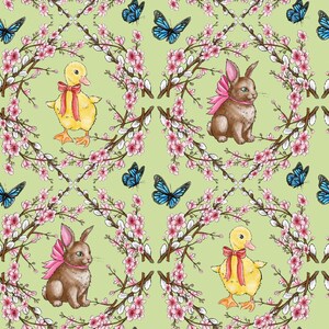 Easter Seamless Pattern – Bunny & Duck | Spring Floral Pattern | Digital Download | Printable Fabric Design (3600x3600 px, 300 DPI)