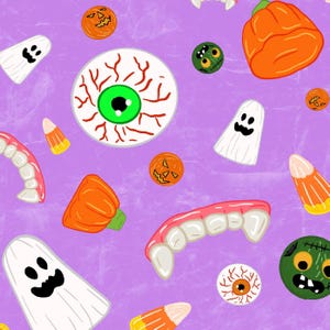 Könnte beinhalten: Ein sich wiederholendes Muster auf hellviolettem Hintergrund mit Halloween-Motiven, darunter weiße Geister, orangefarbene Kürbisse, grüne und weiße Augäpfel, Zuckermais, Vampirzähne und grüne Monstergesichter mit Nähten.