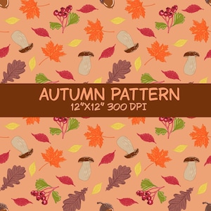 Autumn Seamless Pattern – Fall Leaves, Mushrooms, Acorns and Berries | Digital Paper(3600x3600 px, 300 DPI)
