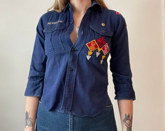 Vintage Boy Scout Uniform Shirt Halloween Costume 90s Utilitarian 1990s Grunge Top Cub Patches Blue Youth Large Womens Small Medium