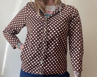 1970s 70s modern juniors brown polka dot hooded jacket