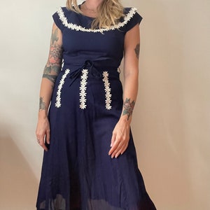 1930s 40s sheer cotton navy blue daisy dress small 28 waist