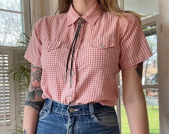 Vintage BEAUJOLAIS plaid blouse blue western shirt country girl spring farmer cute summer lace collar detail pink style cowgirl