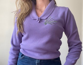 1980s 80s lavender sweater with collar small medium