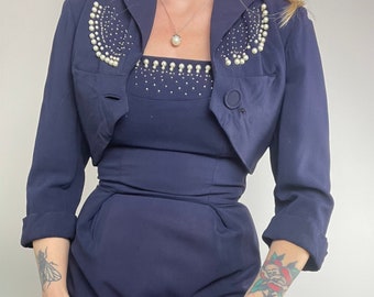 1940s 40s navy blue dress and jacket set studded with pearls and rhinestones 1950s 50s