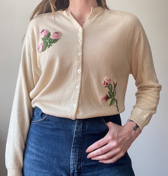 1950s 60s floral embroidered cardigan by Pringle