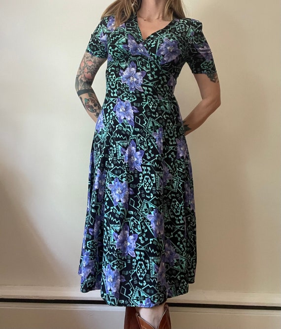90s midi dress Vintage 90s Made in USA Talbots Black Floral Midi Dress