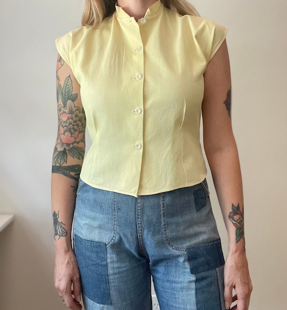 1940s 30s pastel yellow waffle cotton blouse smal… - image 1