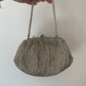 1950s 1960s silver seed beed purse with beaded handle 50s 60s