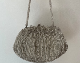 1950s 1960s silver seed beed purse with beaded handle 50s 60s