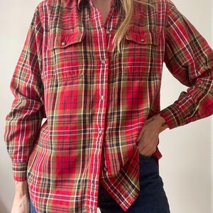 1990s 90s red and tan plaid button up shirt Liz Claiborne