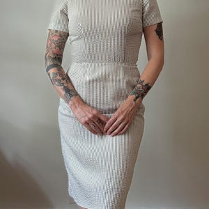 1950s 60s sage green and white stripe seersucker dress jacket set Small