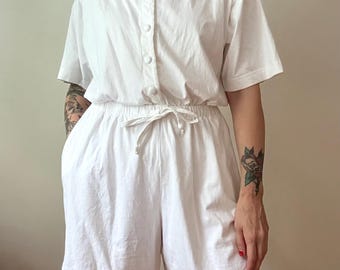 1980s 90s white cotton romper with pockets medium