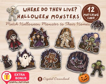 May include: A set of 12 Halloween monster matching cards featuring illustrations of a skeleton, spider, vampire, witch, mummy, zombie, black cat, ghost, werewolf, bat, Frankenstein monster, and pumpkin with the text Where Do They Live?