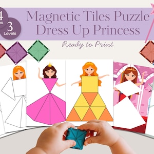 Könnte beinhalten: Ein magnetisches Kachel-Puzzlespiel für Kinder mit dem Titel "Magnetic Tiles Puzzle Dress Up Princess". Das Set enthält 24 Seiten und 3 Level. Das Bild zeigt Prinzessinnen-Kleiderdesigns aus geometrischen Formen.