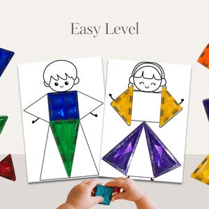 May include: Educational toy set with magnetic tiles and outline drawings of figures. The text "Easy Level" is displayed above the drawings. The set includes blue, green, orange, red, and purple geometric shapes. A child's hands are holding a blue square.