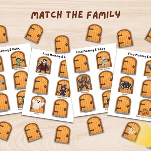 May include: A printable activity set titled Match the Family featuring four sheets with the text Find Mommy & Baby. Each sheet displays cartoon Halloween characters like zombies, vampires, and ghosts behind wooden doors, with matching door cutouts.