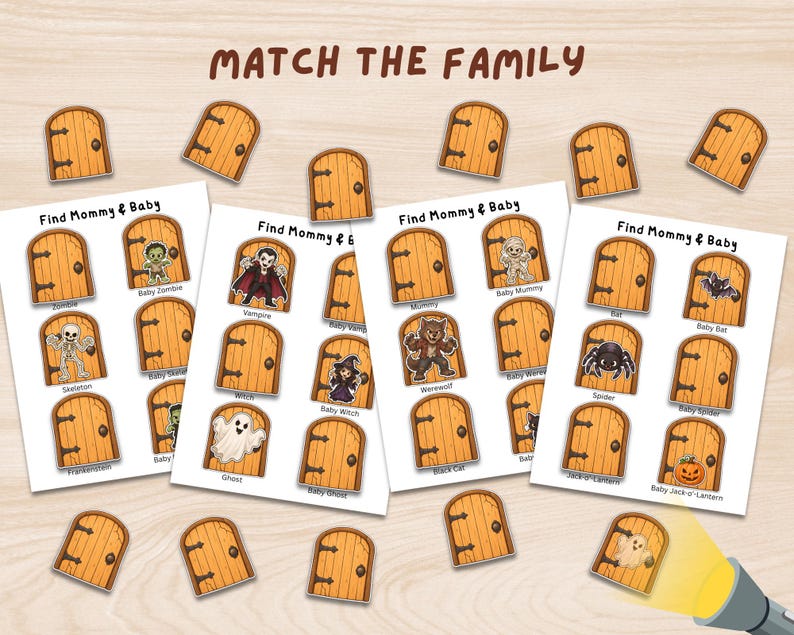 May include: A printable activity set titled Match the Family featuring four sheets with the text Find Mommy & Baby. Each sheet displays cartoon Halloween characters like zombies, vampires, and ghosts behind wooden doors, with matching door cutouts.