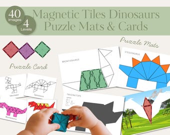 Dinosaur Magnetic Tiles Puzzle Mats & Cards — Montessori Material for Preschool / PreK Homeschool (Fine Motor Skills)