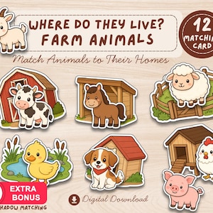 Op de afbeelding: Een set van 12 bijpassende kaarten getiteld Where Do They Live? Farm Animals, met cartoonillustraties van een geit, koe in een stal, paard, schaap in een wei, eend in een vijver, hond in een hok, kip en een varken, inclusief een label voor digitale download.