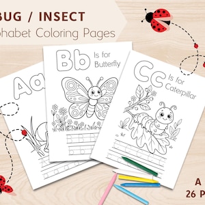 Puede incluir: Tres páginas para colorear del alfabeto blanco con ilustraciones de insectos. Las páginas presentan las letras A, B y C, con imágenes correspondientes de una mariposa y una oruga. El texto "BUG / INSECT Alphabet Coloring Pages" está en la parte superior, con "A-Z 26 Pages" en la parte inferior.