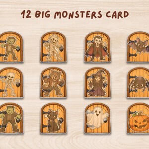 May include: A set of 12 Big Monsters Card stickers featuring cartoon illustrations of a zombie, mummy, vampire, bat, skeleton, werewolf, witch, spider, Frankenstein monster, black cat, ghost, and pumpkin, each framed in a wooden door.
