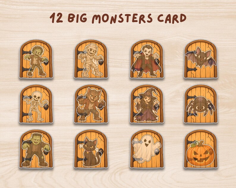 May include: A set of 12 Big Monsters Card stickers featuring cartoon illustrations of a zombie, mummy, vampire, bat, skeleton, werewolf, witch, spider, Frankenstein monster, black cat, ghost, and pumpkin, each framed in a wooden door.