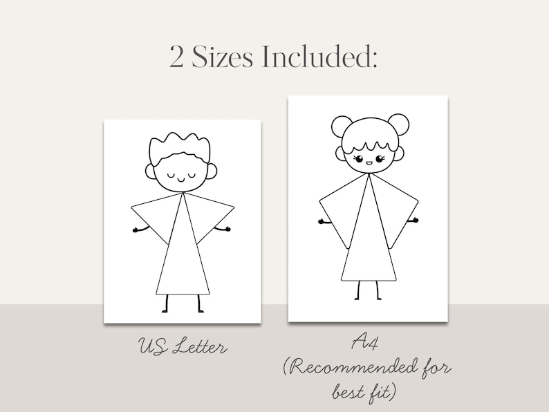 May include: Two black and white illustrations of stick figures, one with a boy's hairstyle and the other with a girl's hairstyle. The text "2 Sizes Included:" is at the top. Below the illustrations are the words "US Letter" and "A4 (Recommended for best fit)".