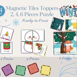 Może przedstawiać: Zestaw magnetycznych nakładek na kafelki z zimowymi ilustracjami. Obraz przedstawia puzzle 2-, 4- i 6-elementowe, z świecą, bałwanem i lisem. Tekst zawiera "Winter" i "Ready to Print."