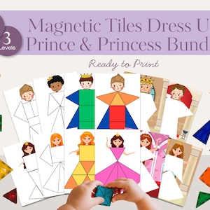 Puede incluir: Un paquete de "Magnetic Tiles Dress Up Prince & Princess" con 54 páginas y 3 niveles. La imagen muestra tarjetas ilustradas de príncipes y princesas, junto con coloridas baldosas magnéticas de varias formas.