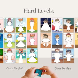 May include: A collection of illustrated cards labeled "Hard Levels" featuring dress-up figures. The cards are divided into "Dress Up Girl" and "Dress Up Boy" categories, with various geometric shapes representing outfits. The image includes a child's hands holding a blue toy.