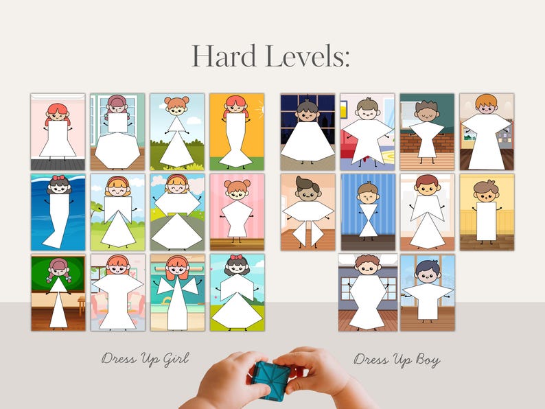 May include: A collection of illustrated cards labeled "Hard Levels" featuring dress-up figures. The cards are divided into "Dress Up Girl" and "Dress Up Boy" categories, with various geometric shapes representing outfits. The image includes a child's hands holding a blue toy.
