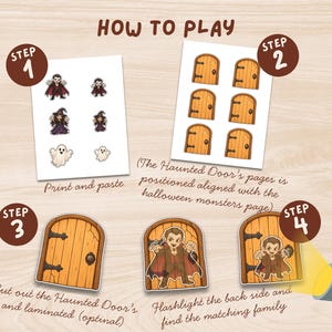 May include: A how-to-play guide for a Halloween activity featuring printed sheets with cartoon monsters and wooden doors. Steps include printing, cutting, laminating, and using a flashlight to reveal hidden characters behind the paper doors.