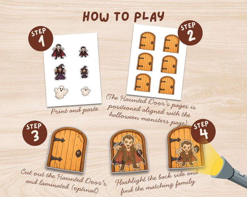 May include: A how-to-play guide for a Halloween activity featuring printed sheets with cartoon monsters and wooden doors. Steps include printing, cutting, laminating, and using a flashlight to reveal hidden characters behind the paper doors.