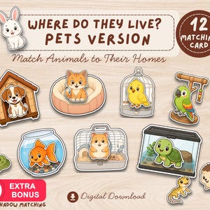 May include: A set of 12 matching cards titled Where Do They Live? Pets Version, featuring cartoon illustrations of animals including a dog, cat, bird, parrot, snake, goldfish, hamster, turtle, gecko, and hedgehog with their respective habitats.