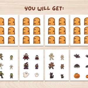 May include: A digital sheet with the text YOU WILL GET: featuring eight sections of illustrations. The top four sections contain rows of brown wooden arched doors. The bottom four sections display various Halloween characters like zombies, skeletons, vampires, witches, ghosts, mummies, werewolves, cats, bats, spiders, and pumpkins.